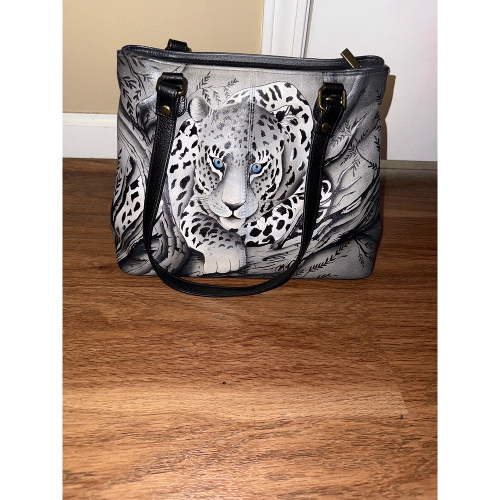 Anna by Anuschka Hand Painted Leather Snow Leopard Tote Bag Gray Black Blue Eyes